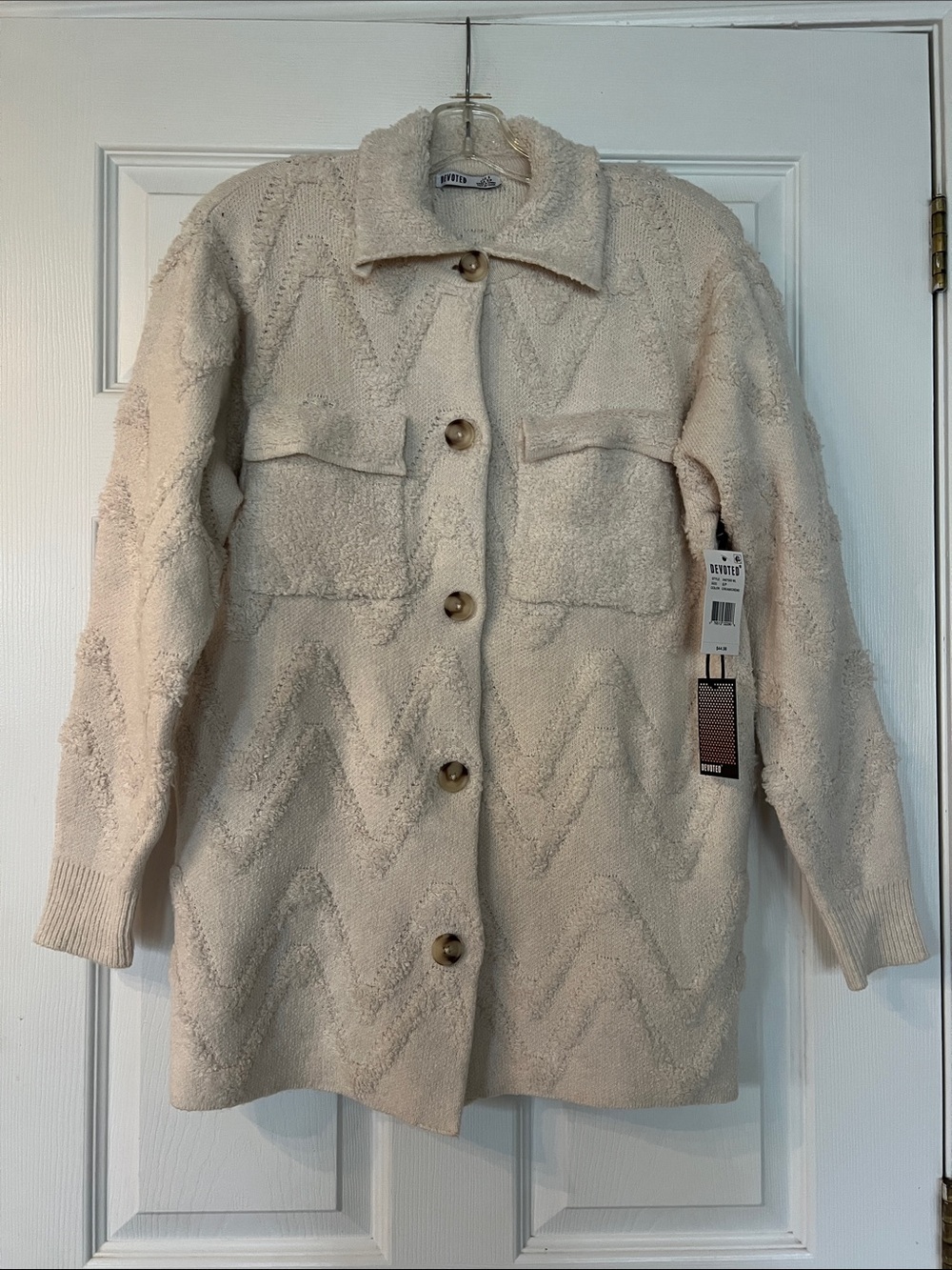 Cream Chevron Teddy Jacket with Button Front